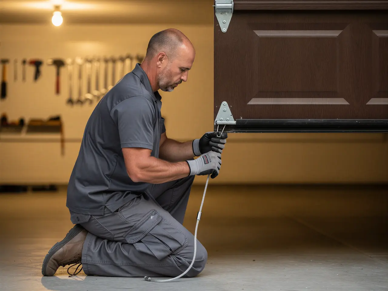 A technician kneels, working on the bottom of a brown garage door.