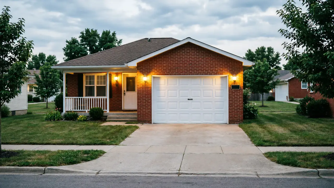 A brick house with a white garage door and a small front porch.