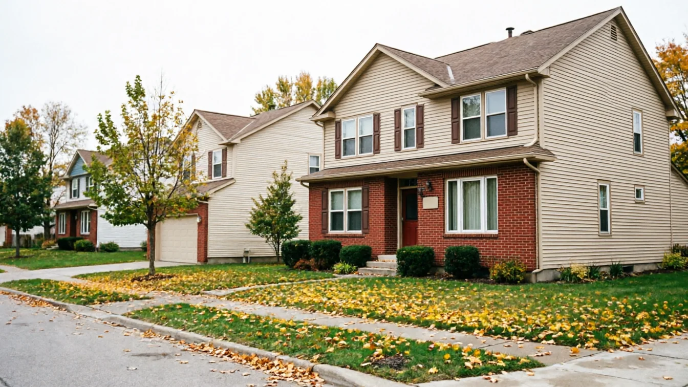 A suburban street shows several two-story houses with autumn leaves on the lawns.