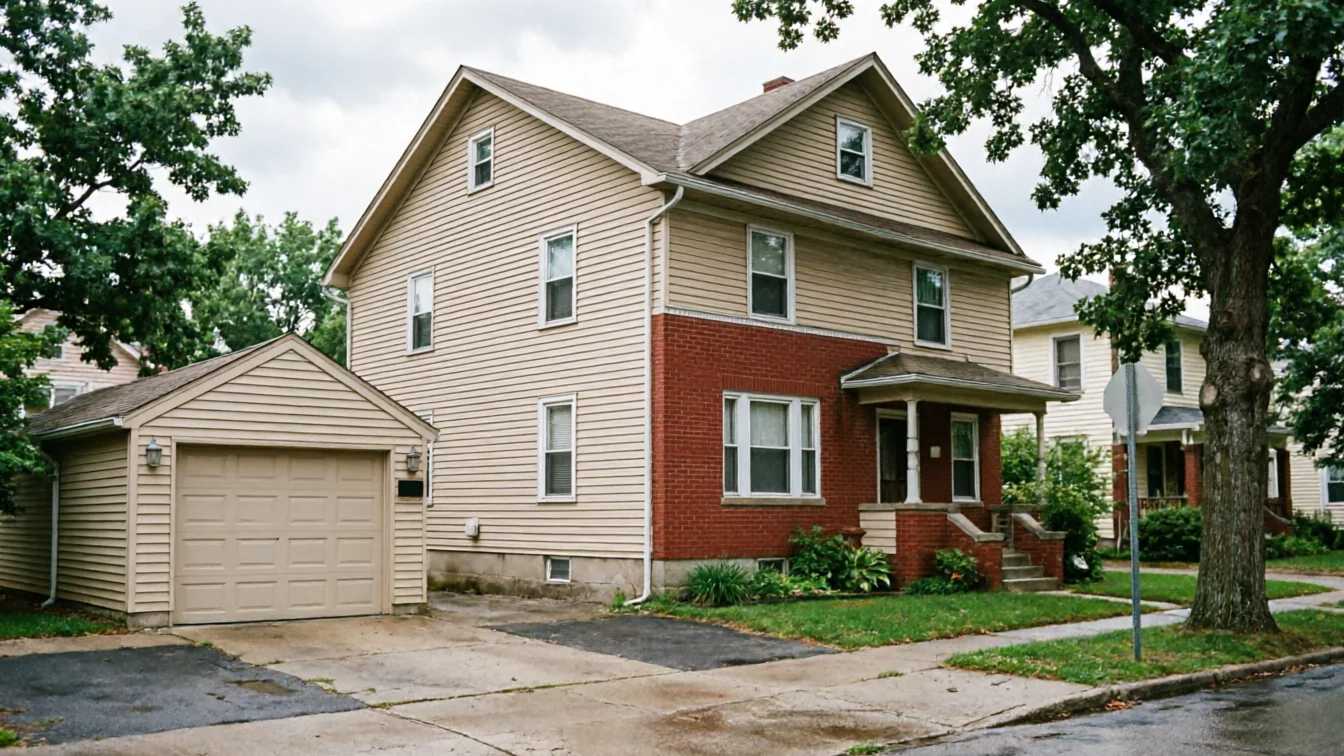 A tan house with red brick on the first floor and a detached garage.