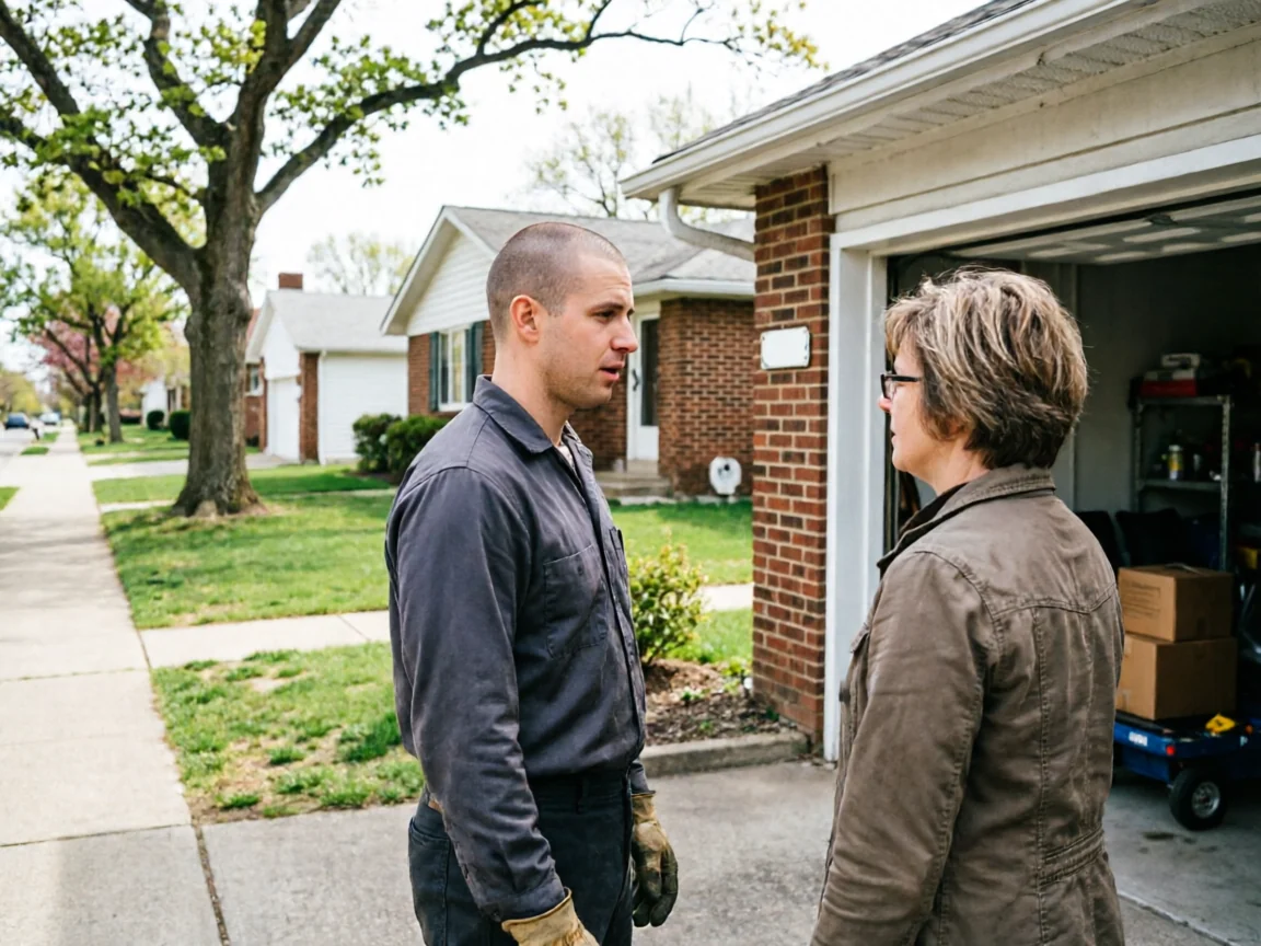 A technician in a gray shirt talks to a woman in a brown jacket outside a garage.