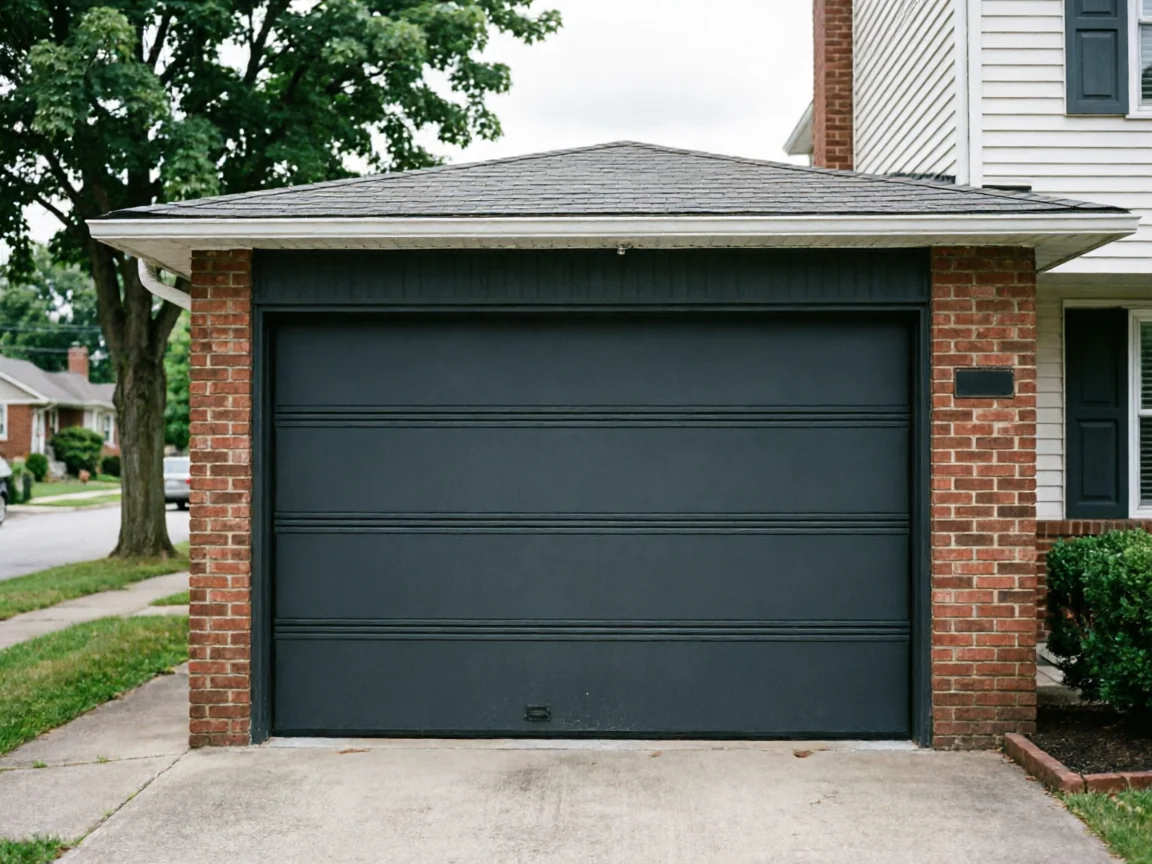 A dark gray garage door is set in a brick garage attached to a house.