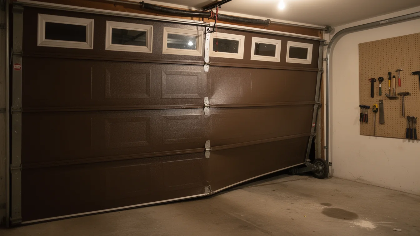 A brown garage door is off its tracks and bent at the bottom.